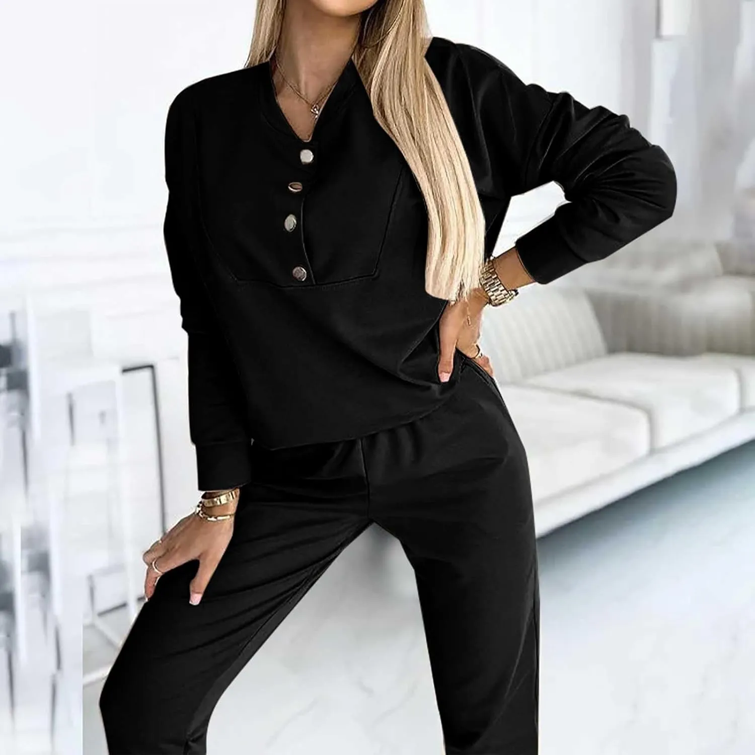Womens 2 Piece Outfits Button Own Slim Fit Long Sleeved T Shirt Pants Two Piece Oversized Sweatshirt Jogger