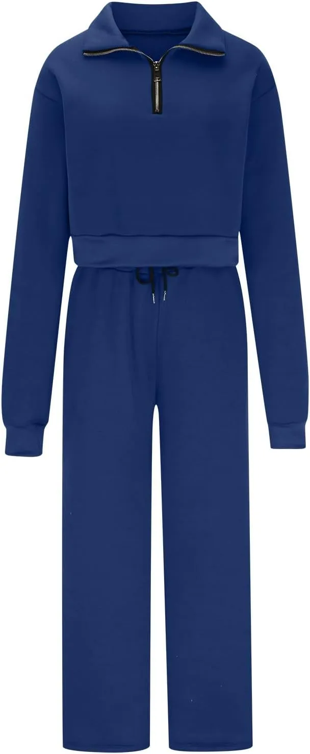 Women's 2 Piece Outfits Casual Lapel Half Zip Sweatshirts and Wide Leg Pants Tracksuit Sets Oversized Lounge Set 2025