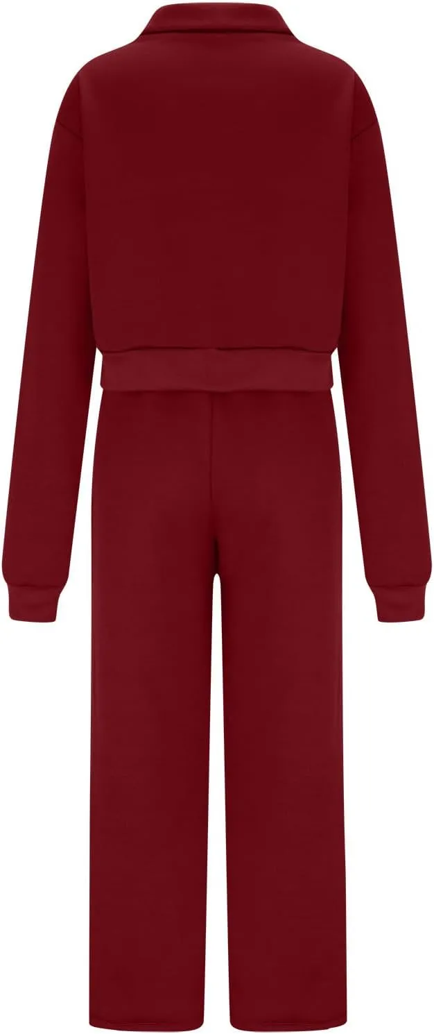 Women's 2 Piece Outfits Casual Lapel Half Zip Sweatshirts and Wide Leg Pants Tracksuit Sets Oversized Lounge Set 2025