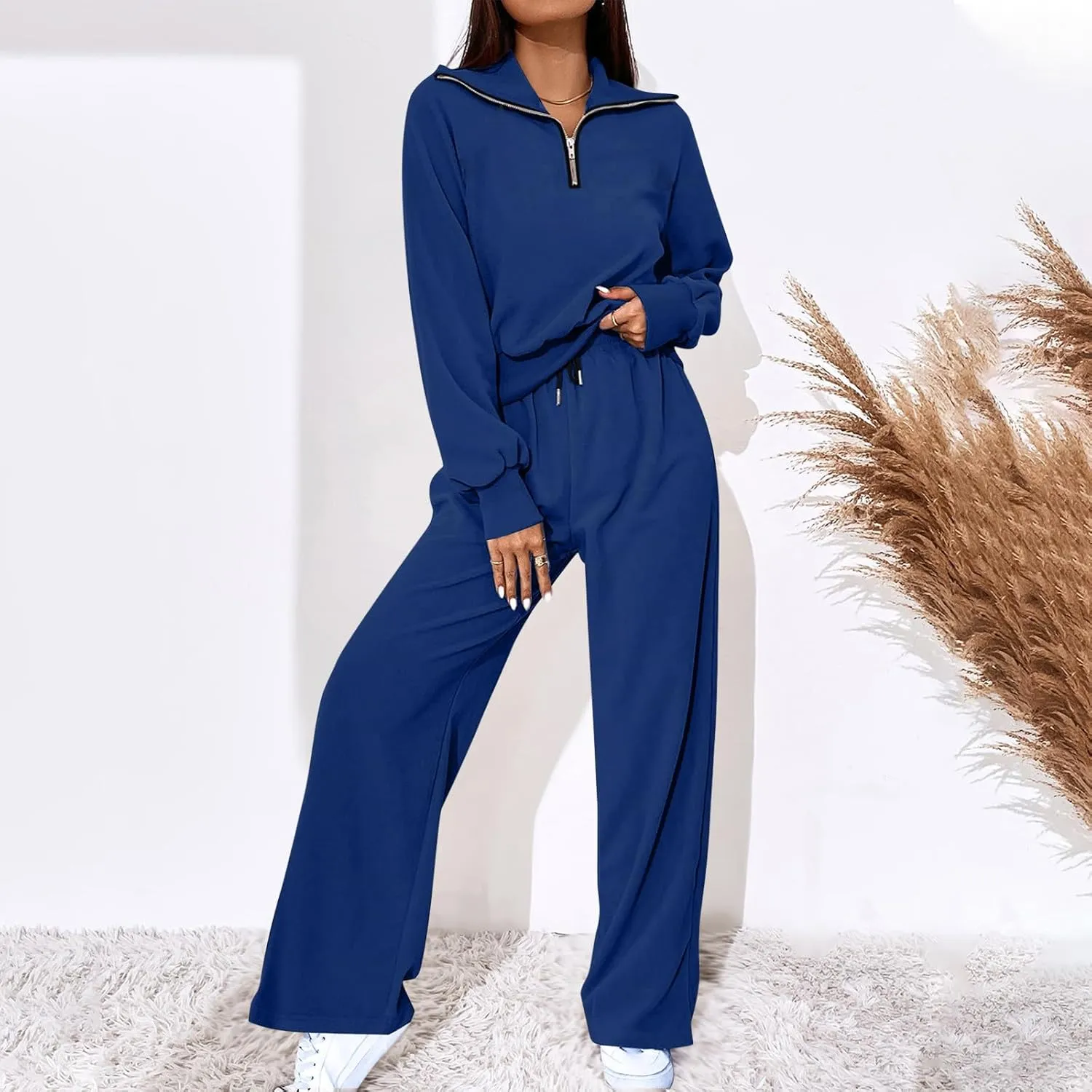 Women's 2 Piece Outfits Casual Lapel Half Zip Sweatshirts and Wide Leg Pants Tracksuit Sets Oversized Lounge Set 2025