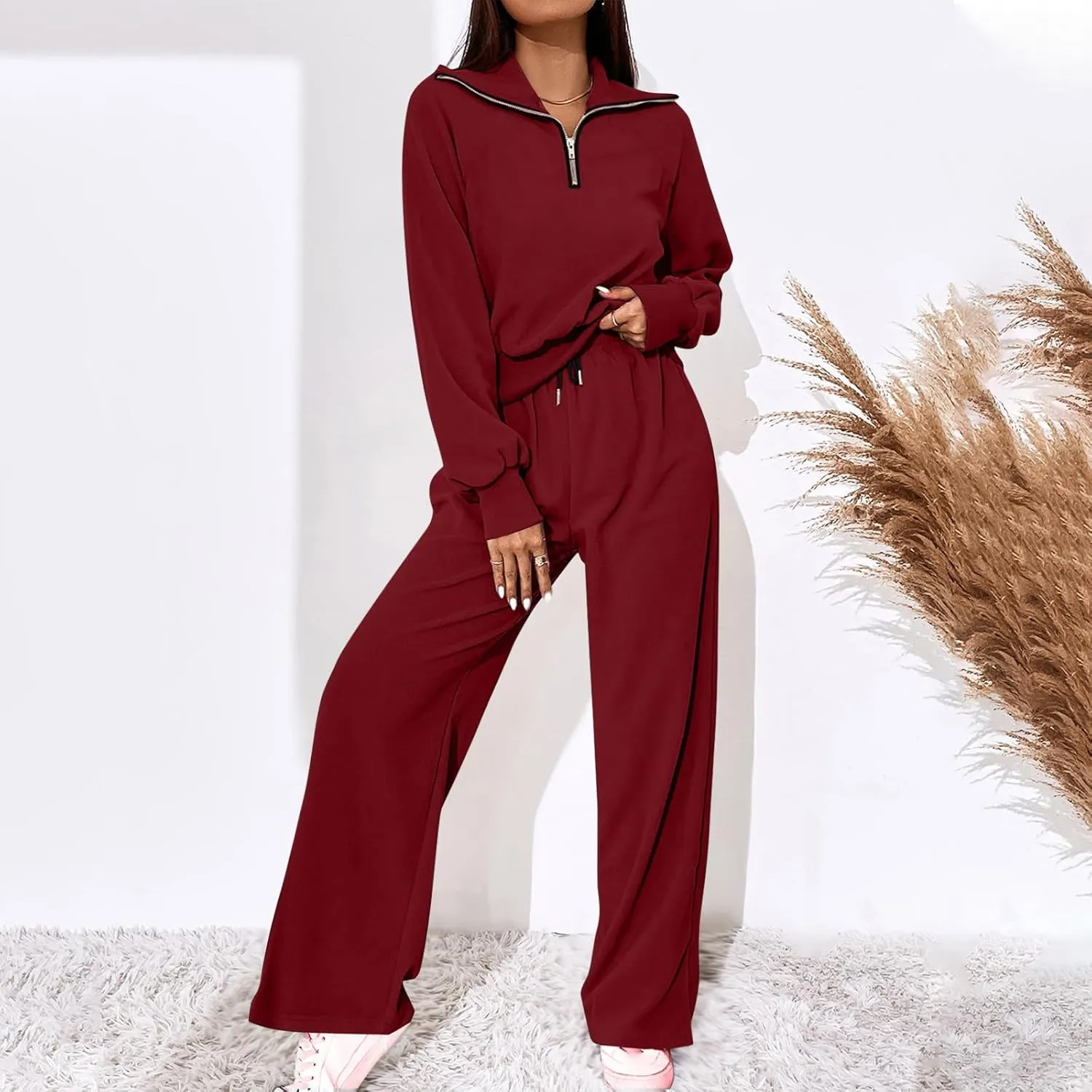 Women's 2 Piece Outfits Casual Lapel Half Zip Sweatshirts and Wide Leg Pants Tracksuit Sets Oversized Lounge Set 2025