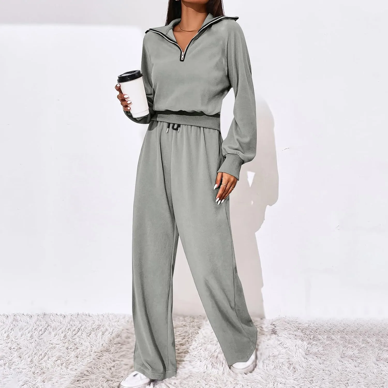 Women's 2 Piece Outfits Casual Lapel Half Zip Sweatshirts and Wide Leg Pants Tracksuit Sets Oversized Lounge Set 2025