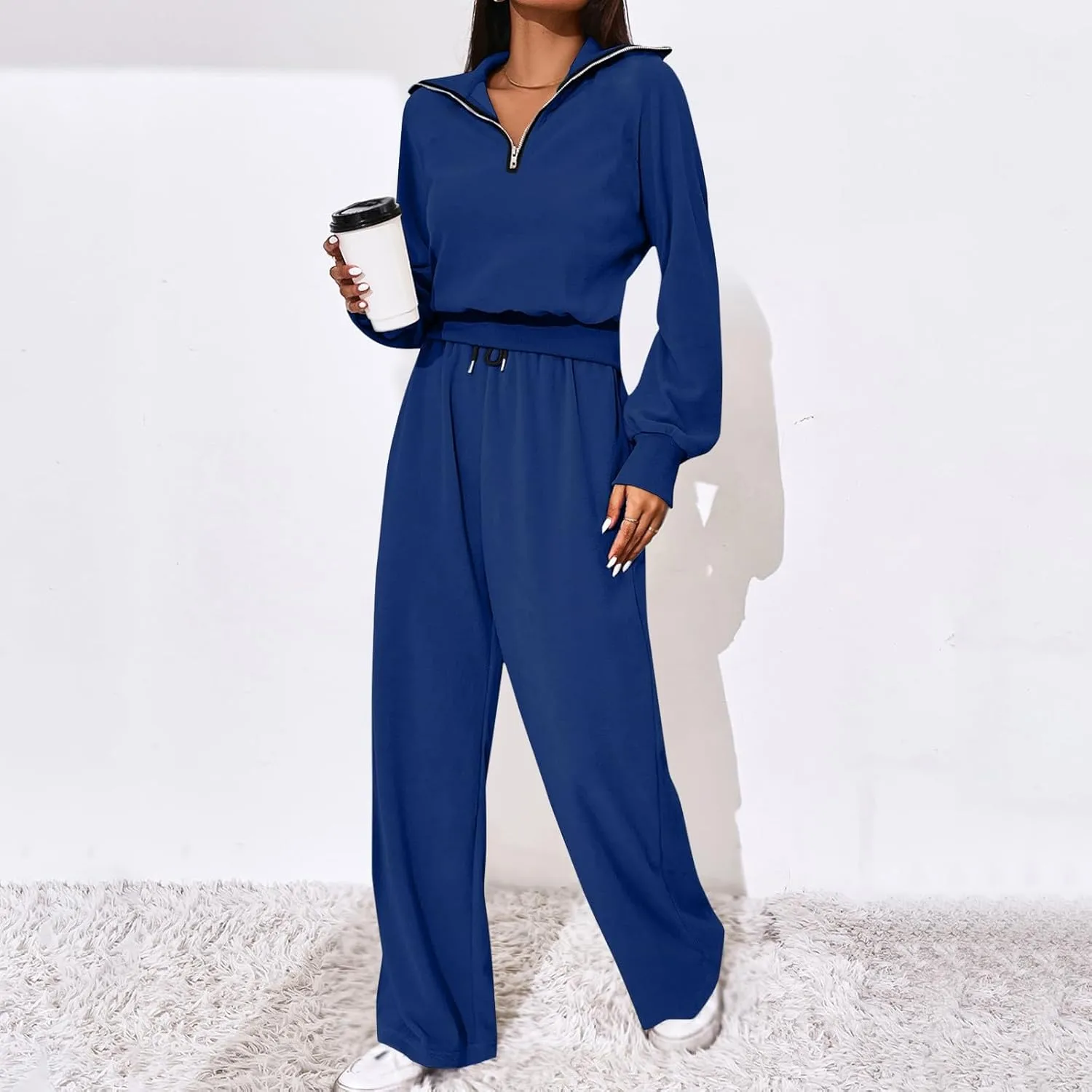 Women's 2 Piece Outfits Casual Lapel Half Zip Sweatshirts and Wide Leg Pants Tracksuit Sets Oversized Lounge Set 2025