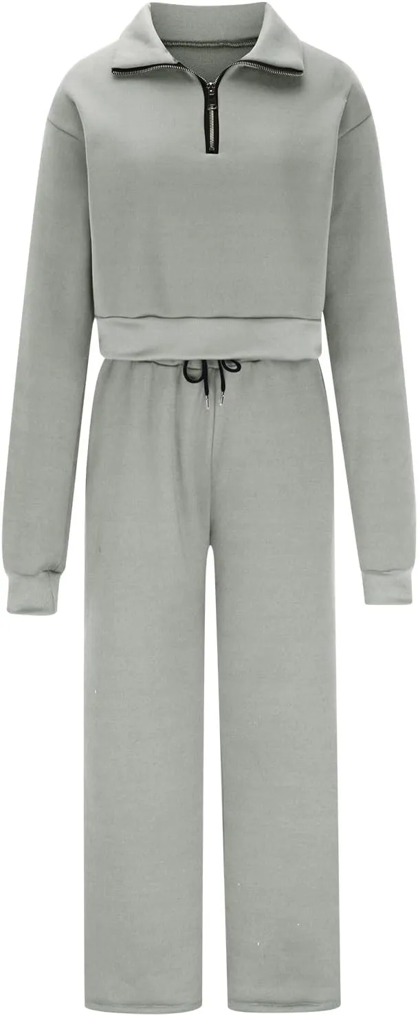 Women's 2 Piece Outfits Casual Lapel Half Zip Sweatshirts and Wide Leg Pants Tracksuit Sets Oversized Lounge Set 2025