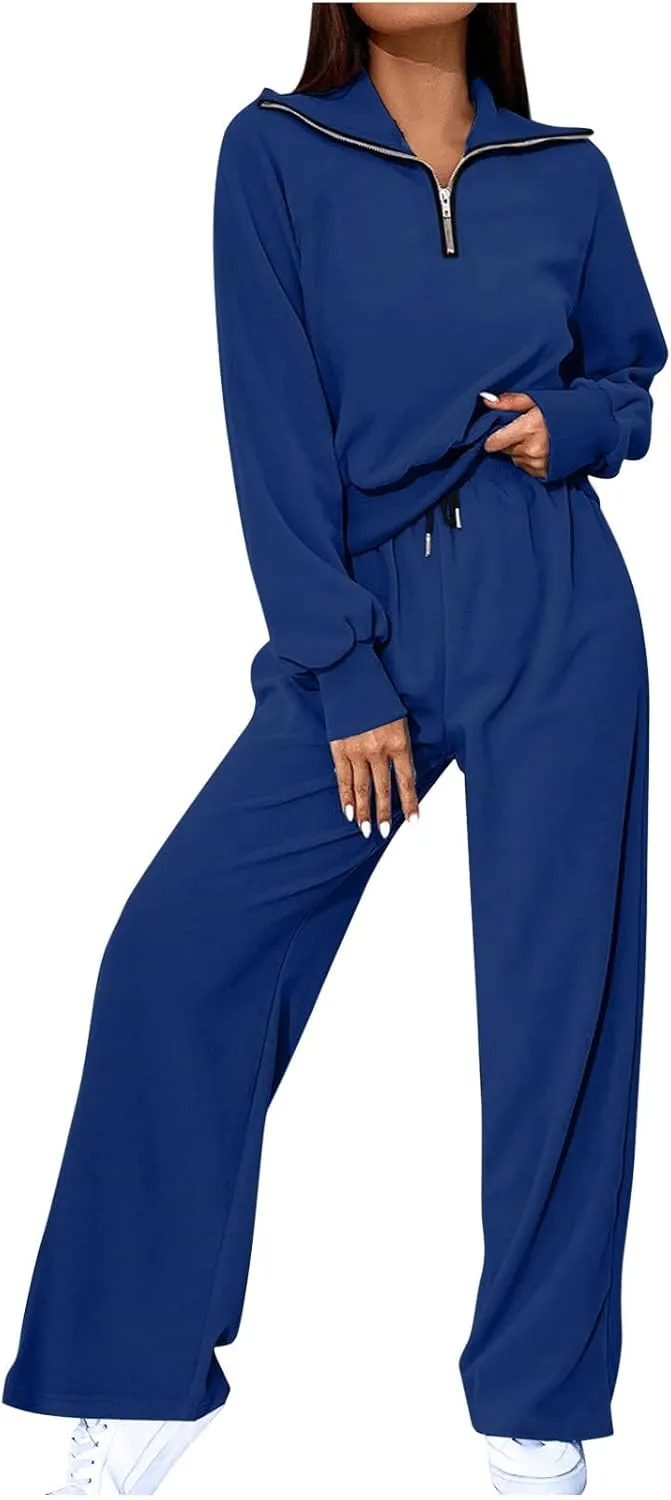 Women's 2 Piece Outfits Casual Lapel Half Zip Sweatshirts and Wide Leg Pants Tracksuit Sets Oversized Lounge Set 2025