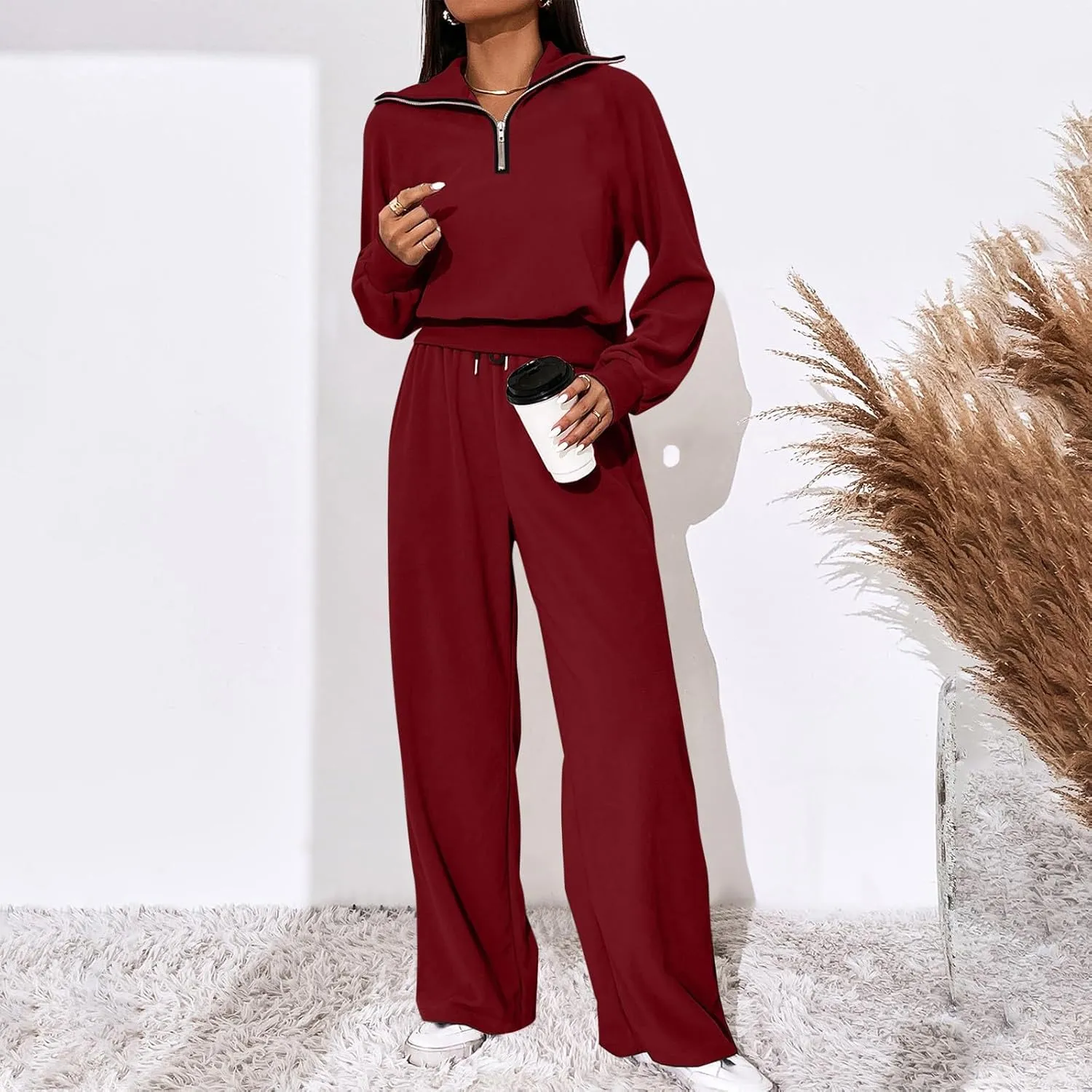 Women's 2 Piece Outfits Casual Lapel Half Zip Sweatshirts and Wide Leg Pants Tracksuit Sets Oversized Lounge Set 2025