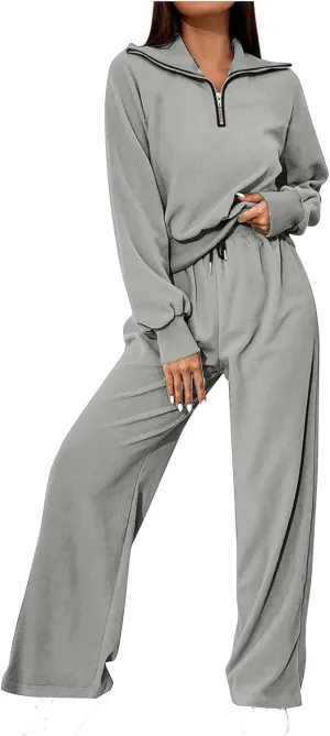 Women's 2 Piece Outfits Casual Lapel Half Zip Sweatshirts and Wide Leg Pants Tracksuit Sets Oversized Lounge Set 2025