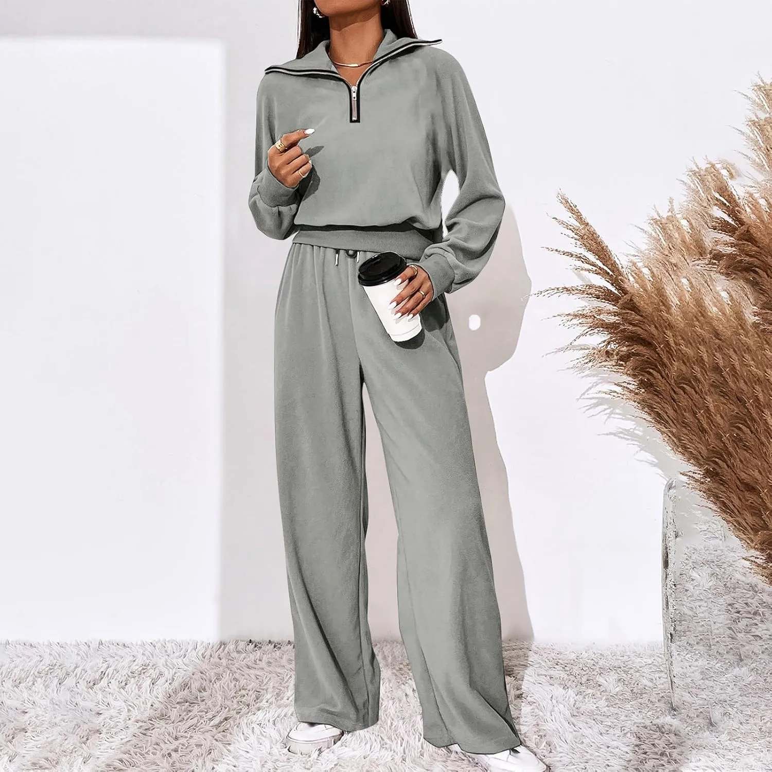 Women's 2 Piece Outfits Casual Lapel Half Zip Sweatshirts and Wide Leg Pants Tracksuit Sets Oversized Lounge Set 2025