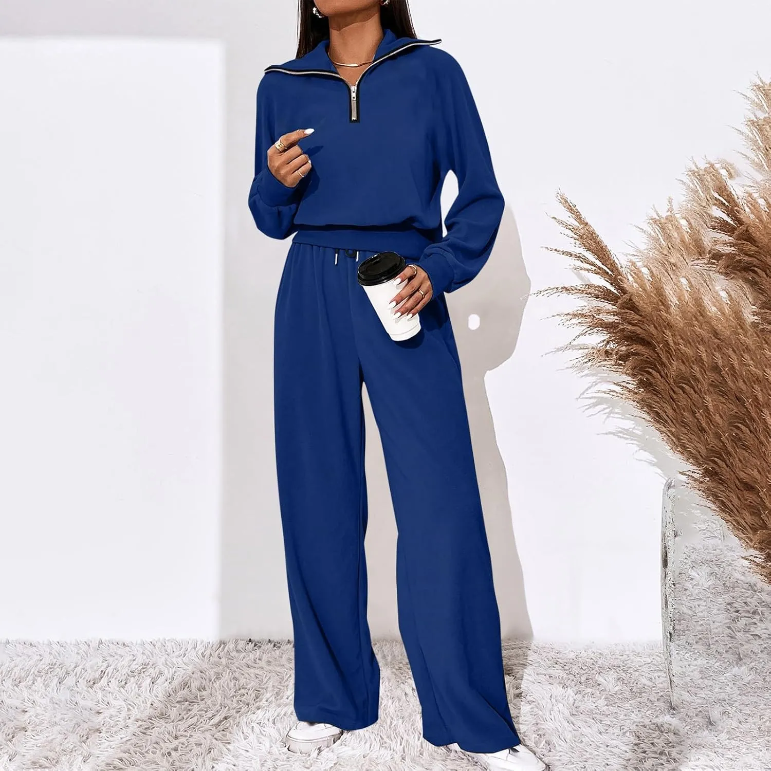 Women's 2 Piece Outfits Casual Lapel Half Zip Sweatshirts and Wide Leg Pants Tracksuit Sets Oversized Lounge Set 2025