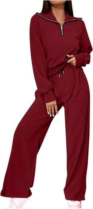 Women's 2 Piece Outfits Casual Lapel Half Zip Sweatshirts and Wide Leg Pants Tracksuit Sets Oversized Lounge Set 2025