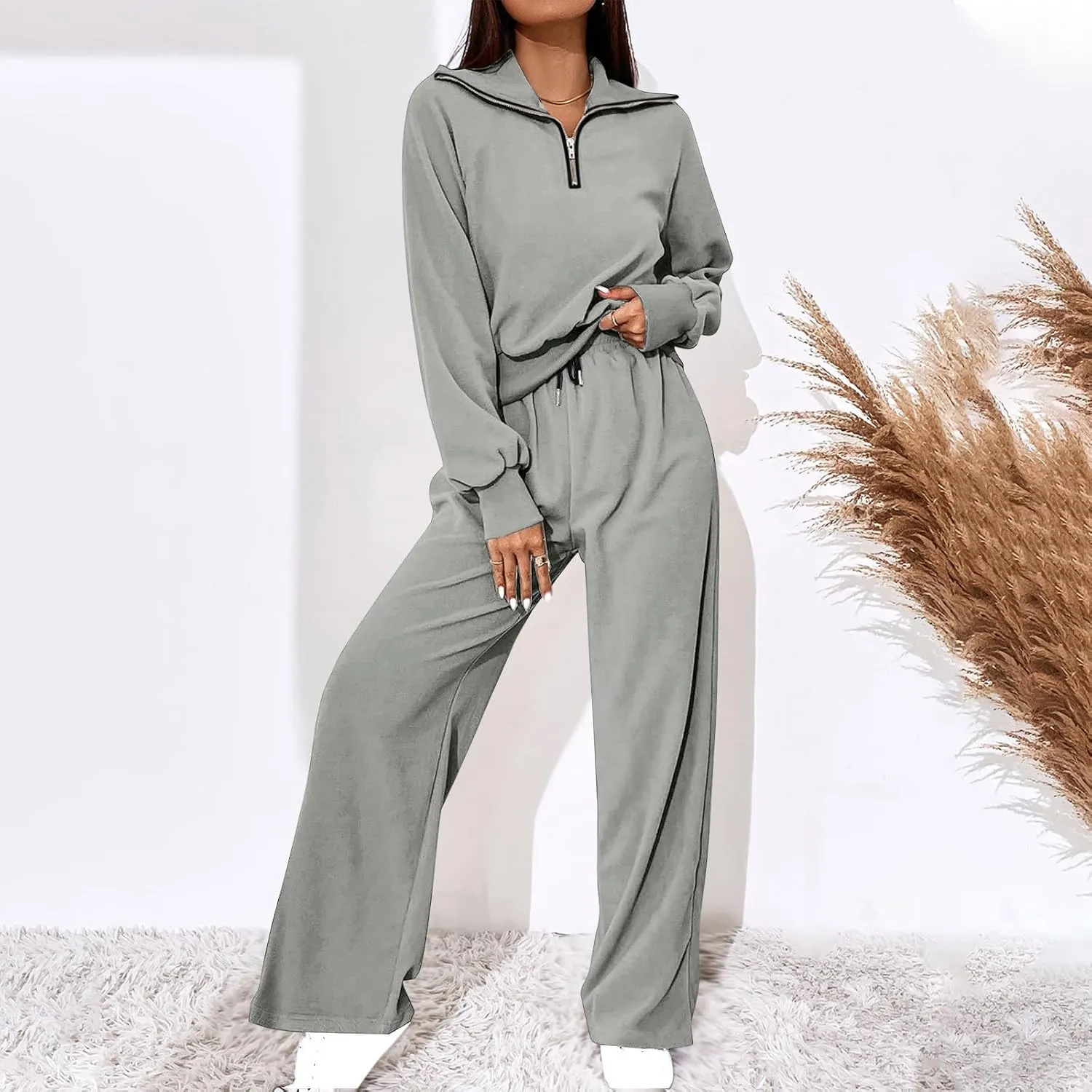 Women's 2 Piece Outfits Casual Lapel Half Zip Sweatshirts and Wide Leg Pants Tracksuit Sets Oversized Lounge Set 2025