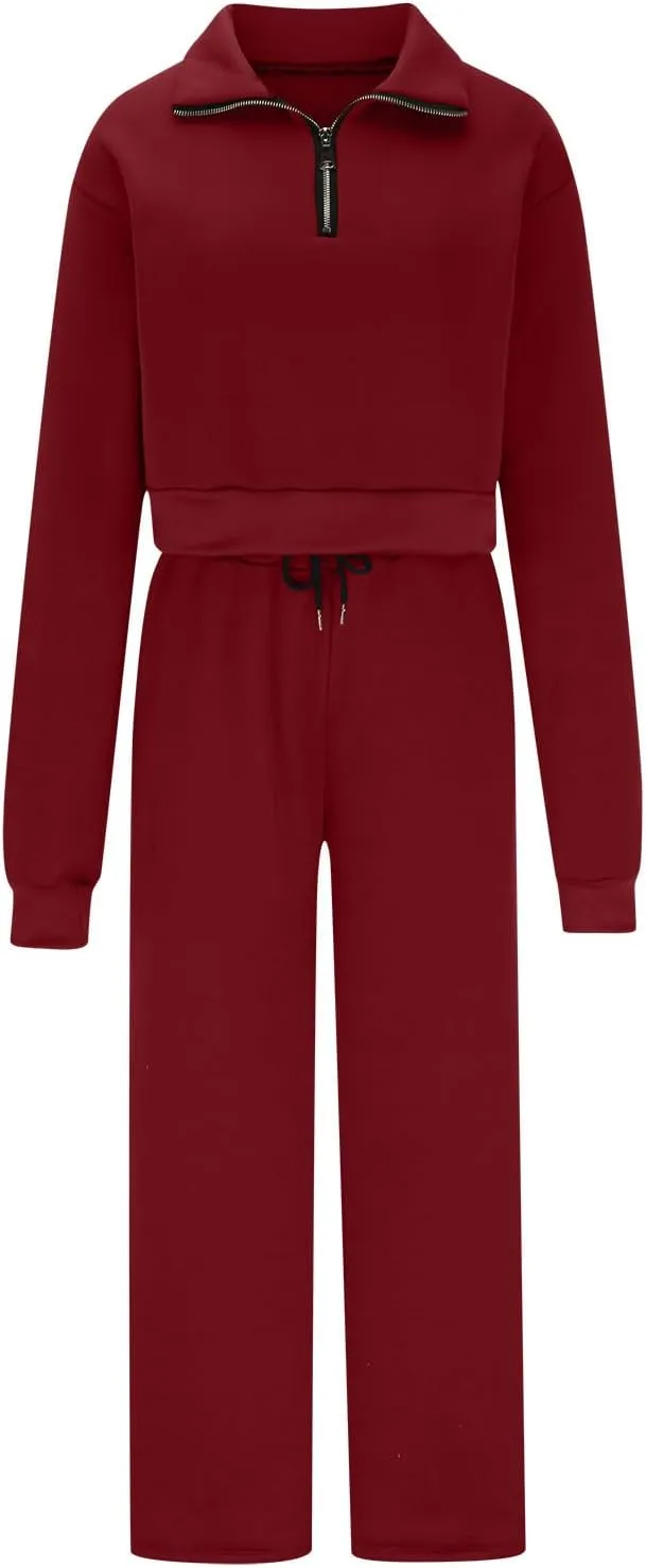 Women's 2 Piece Outfits Casual Lapel Half Zip Sweatshirts and Wide Leg Pants Tracksuit Sets Oversized Lounge Set 2025