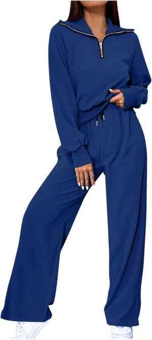 Women's 2 Piece Outfits Casual Lapel Half Zip Sweatshirts and Wide Leg Pants Tracksuit Sets Oversized Lounge Set 2025