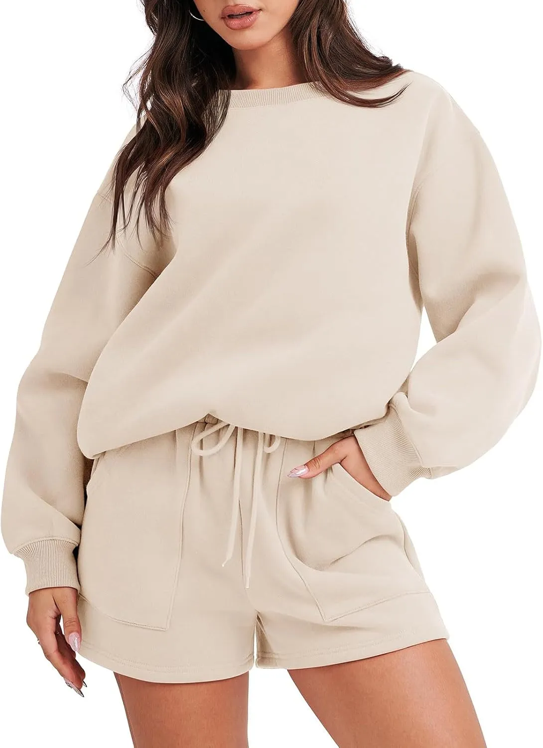 Womens 2 Piece Outfits Oversized Crewneck Sweatshirts Sweatsuit Lounge Sets Casual Sweat Shorts Fashion Clothes