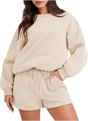 Womens 2 Piece Outfits Oversized Crewneck Sweatshirts Sweatsuit Lounge Sets Casual Sweat Shorts Fashion Clothes