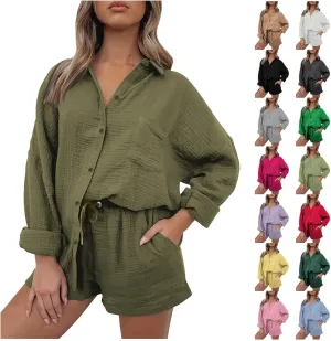 Womens 2 Piece Set Summer Linen Long Sleeve Button Shirt Drawstring Shorts Outfits Casual Breathable Beach Tracksuit