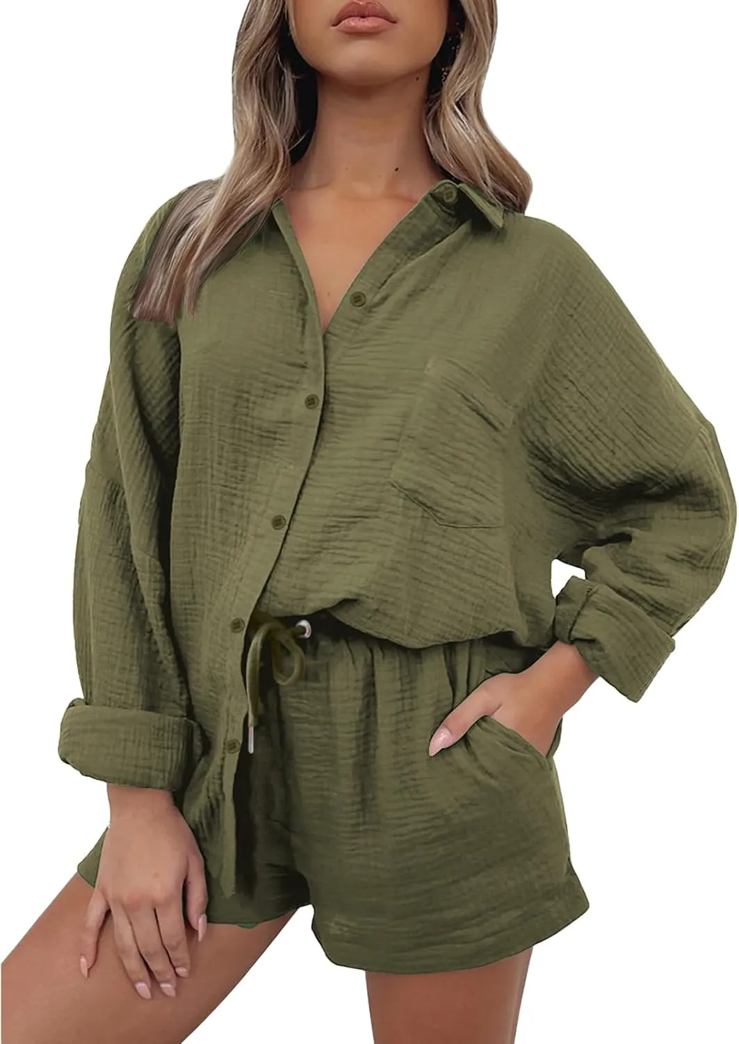 Womens 2 Piece Set Summer Linen Long Sleeve Button Shirt Drawstring Shorts Outfits Casual Breathable Beach Tracksuit
