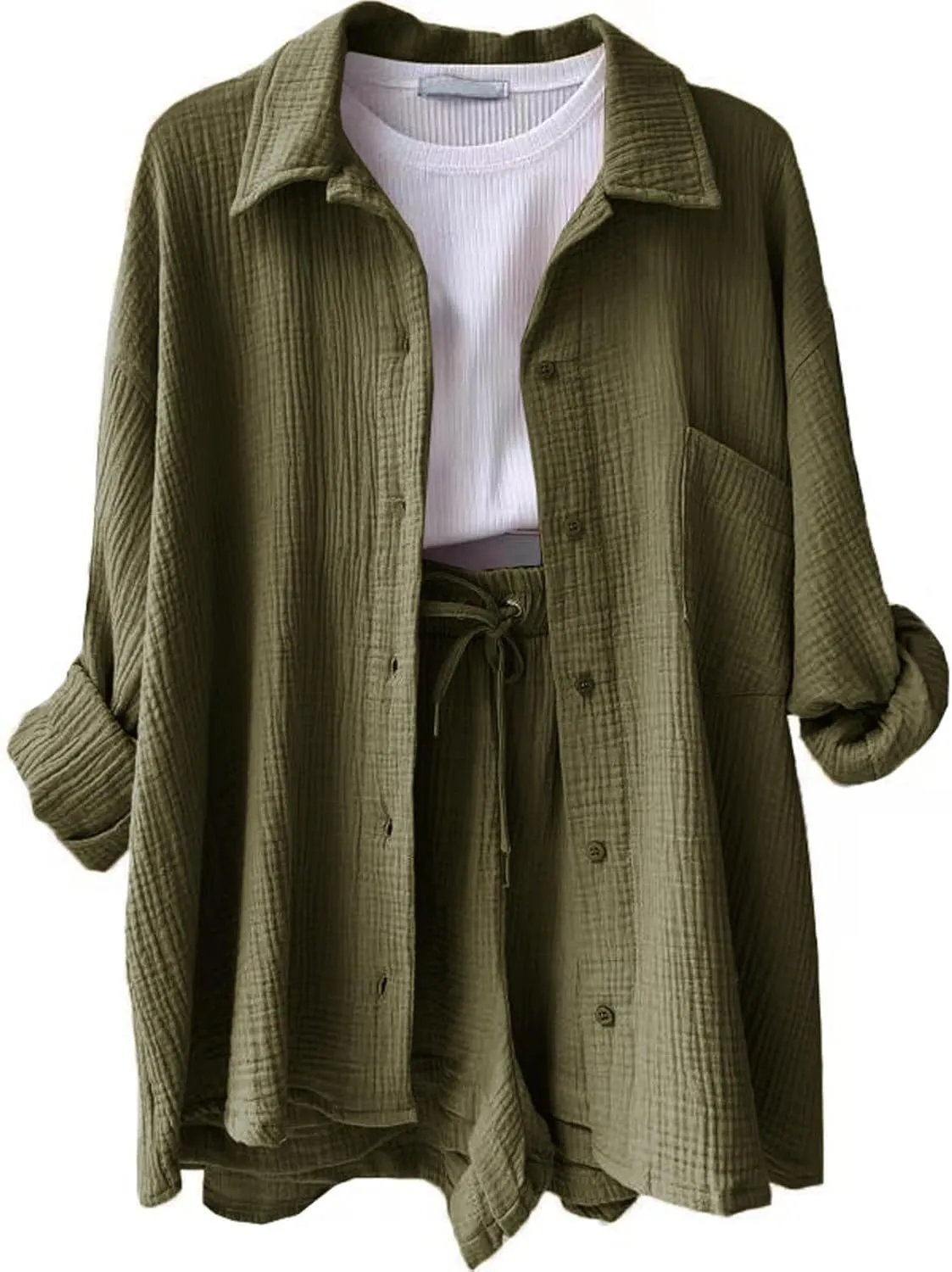 Womens 2 Piece Set Summer Linen Long Sleeve Button Shirt Drawstring Shorts Outfits Casual Breathable Beach Tracksuit