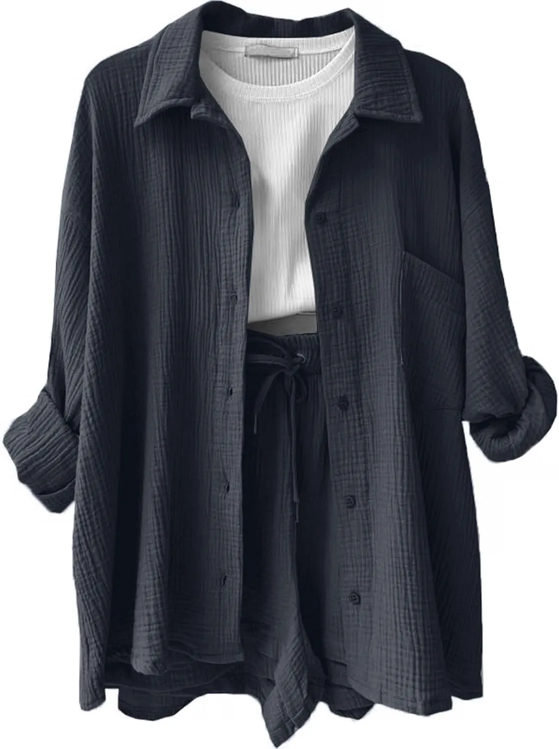 Womens 2 Piece Set Summer Linen Long Sleeve Button Shirt Drawstring Shorts Outfits Casual Breathable Beach Tracksuit