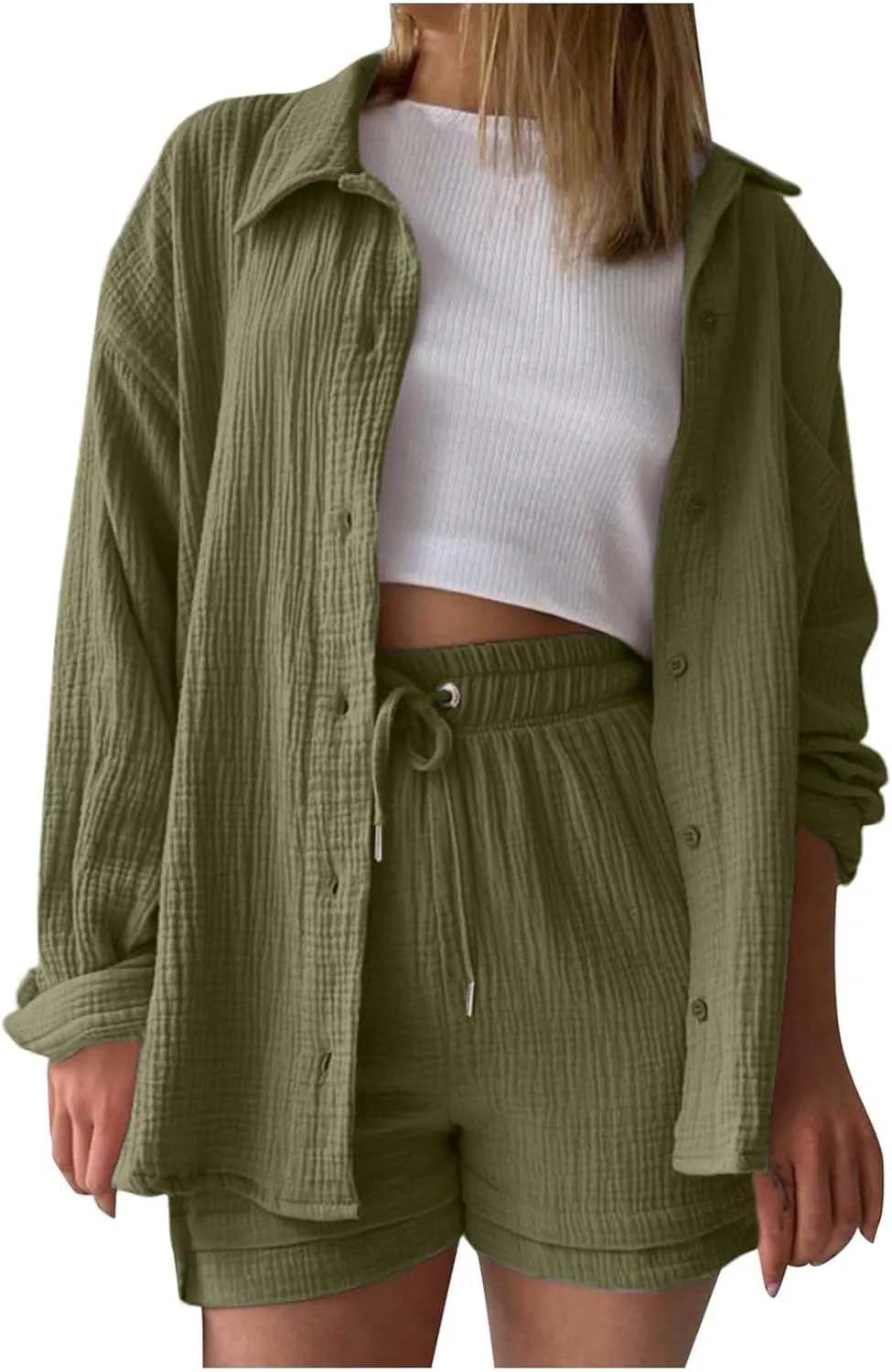 Womens 2 Piece Set Summer Linen Long Sleeve Button Shirt Drawstring Shorts Outfits Casual Breathable Beach Tracksuit