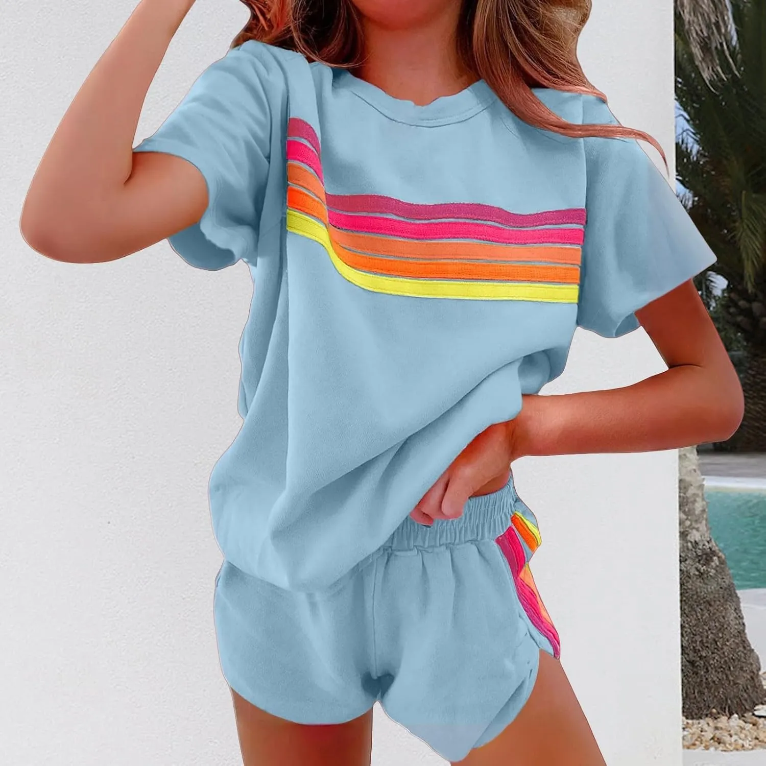 Womens 2 Piece Short Sets Casual Rainbow Striped Crewneck Short Sleeve Tops Elastic Shorts Outfits Lounge Tracksuits