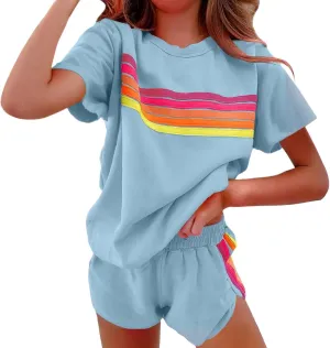 Womens 2 Piece Short Sets Casual Rainbow Striped Crewneck Short Sleeve Tops Elastic Shorts Outfits Lounge Tracksuits