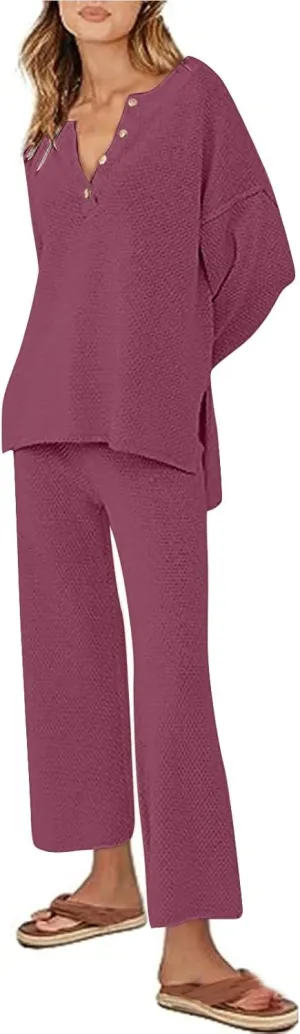 Womens 2 Piece Trendy Outfits Fall Outfits Oversized Slouchy Matching Lounge Sets Cozy Knit Loungewear Sweater Sets