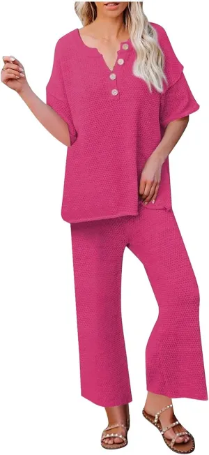 Womens 2 Piece Waffle Knit Lounge Sets Button Down Short Sleeve and Loose Long Pant Outfits Fashion Casual Loungewear