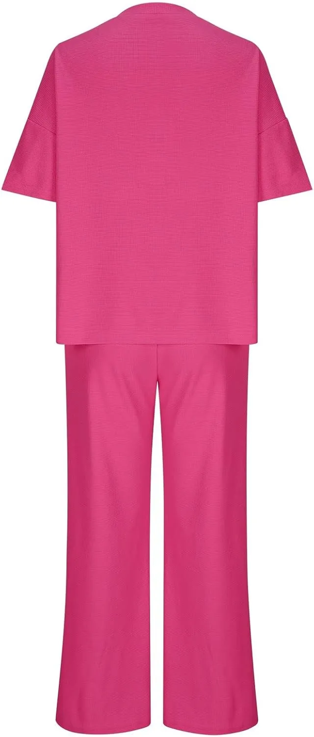 Womens 2 Piece Waffle Knit Lounge Sets Button Down Short Sleeve and Loose Long Pant Outfits Fashion Casual Loungewear