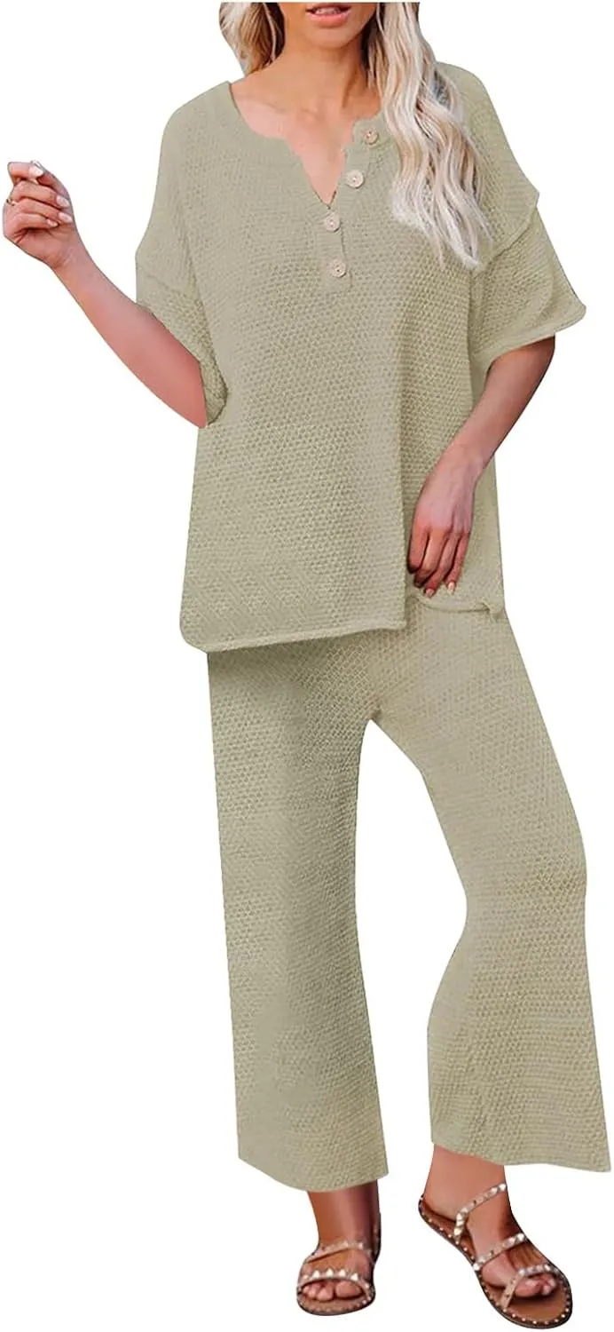 Womens 2 Piece Waffle Knit Lounge Sets Button Down Short Sleeve and Loose Long Pant Outfits Fashion Casual Loungewear