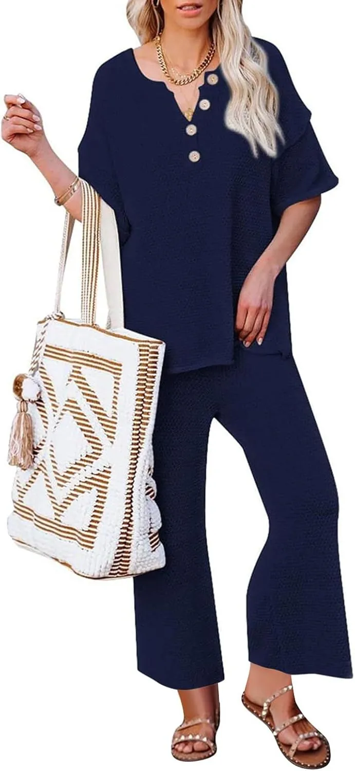 Womens 2 Piece Waffle Knit Lounge Sets Button Down Short Sleeve and Loose Long Pant Outfits Fashion Casual Loungewear