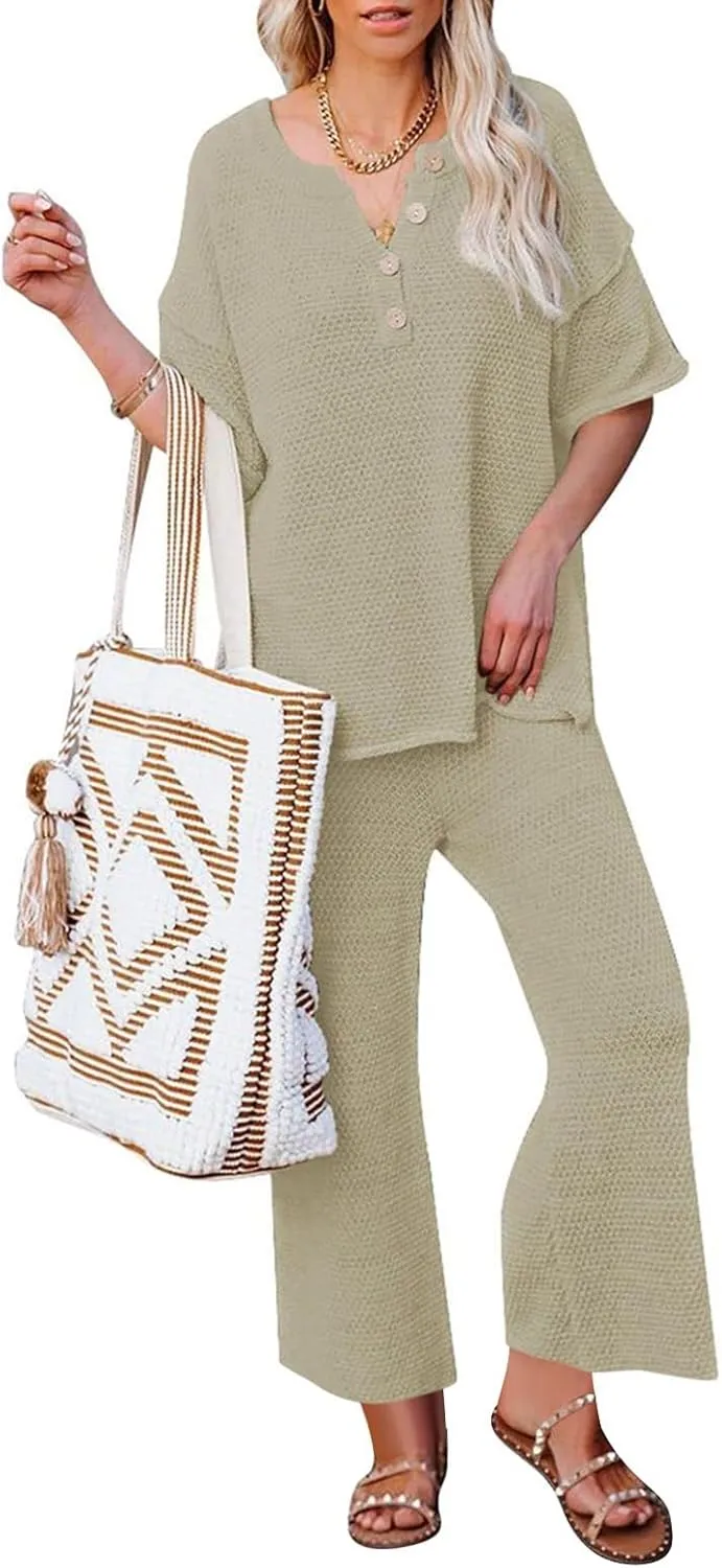Womens 2 Piece Waffle Knit Lounge Sets Button Down Short Sleeve and Loose Long Pant Outfits Fashion Casual Loungewear