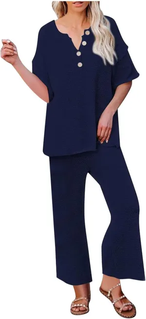 Womens 2 Piece Waffle Knit Lounge Sets Button Down Short Sleeve and Loose Long Pant Outfits Fashion Casual Loungewear