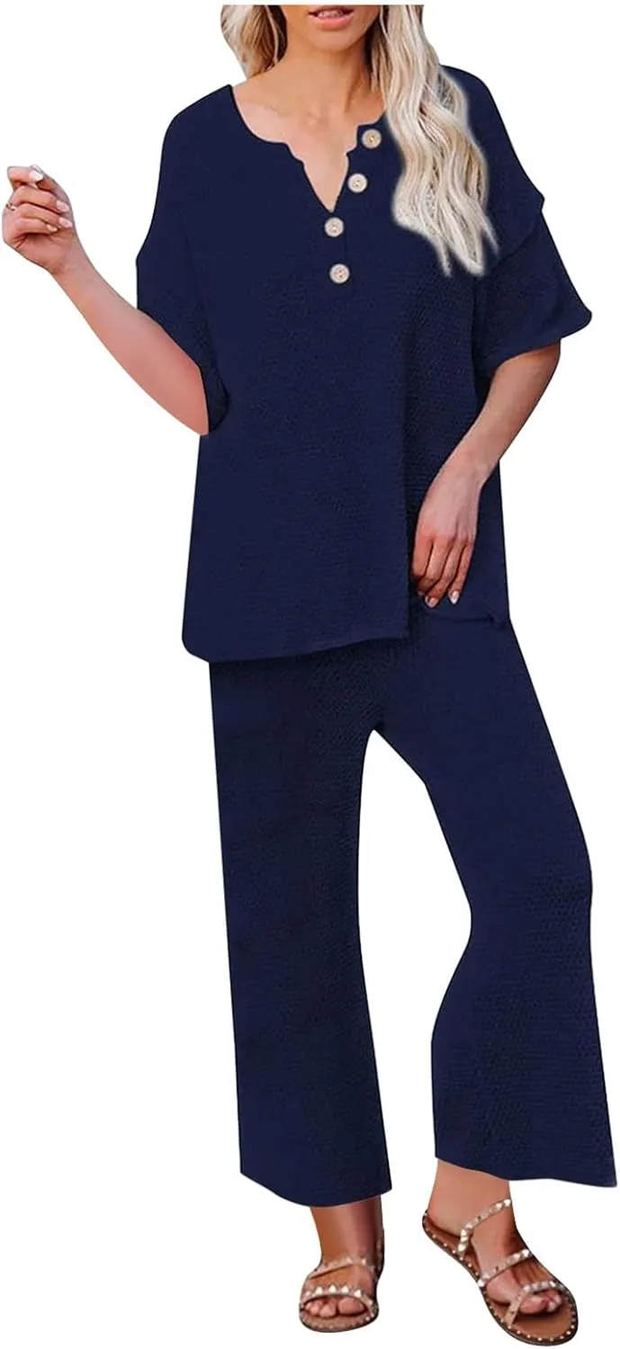 Womens 2 Piece Waffle Knit Lounge Sets Button Down Short Sleeve and Loose Long Pant Outfits Fashion Casual Loungewear