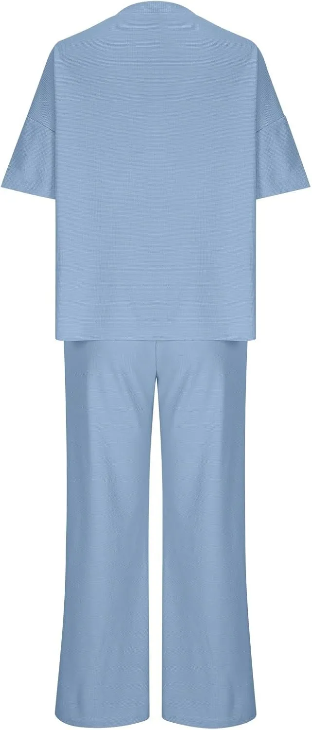 Womens 2 Piece Waffle Knit Lounge Sets Button Down Short Sleeve and Loose Long Pant Outfits Fashion Casual Loungewear