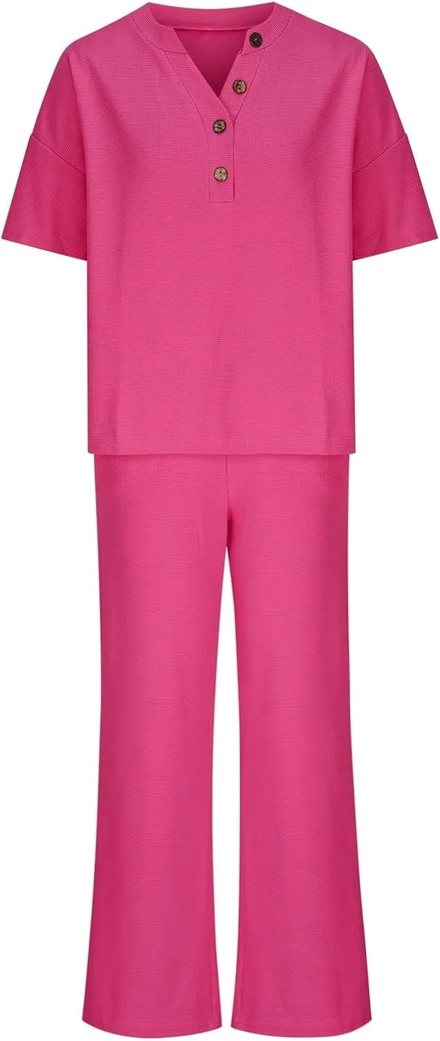 Womens 2 Piece Waffle Knit Lounge Sets Button Down Short Sleeve and Loose Long Pant Outfits Fashion Casual Loungewear