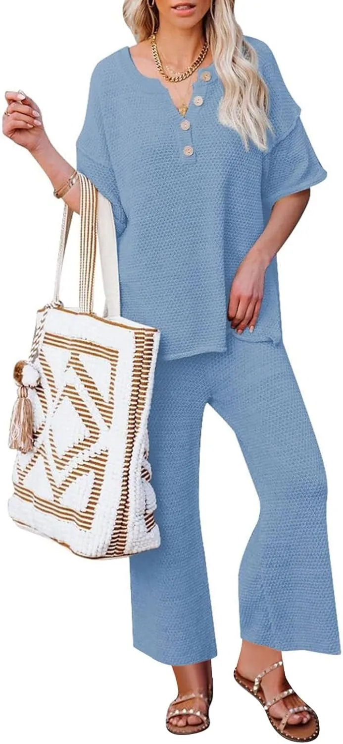 Womens 2 Piece Waffle Knit Lounge Sets Button Down Short Sleeve and Loose Long Pant Outfits Fashion Casual Loungewear