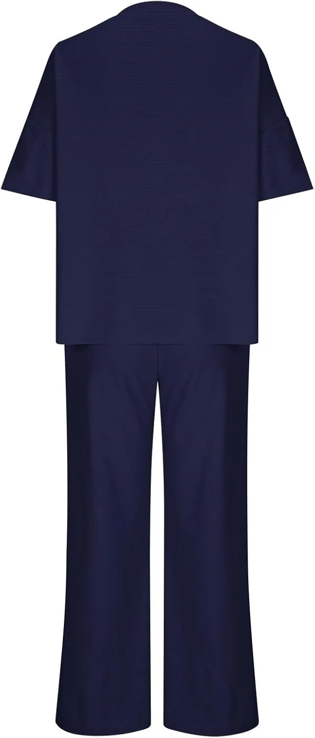 Womens 2 Piece Waffle Knit Lounge Sets Button Down Short Sleeve and Loose Long Pant Outfits Fashion Casual Loungewear