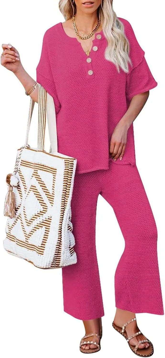 Womens 2 Piece Waffle Knit Lounge Sets Button Down Short Sleeve and Loose Long Pant Outfits Fashion Casual Loungewear