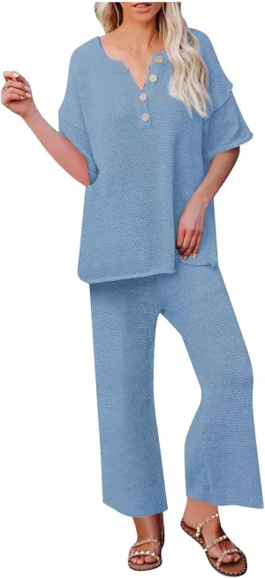 Womens 2 Piece Waffle Knit Lounge Sets Button Down Short Sleeve and Loose Long Pant Outfits Fashion Casual Loungewear