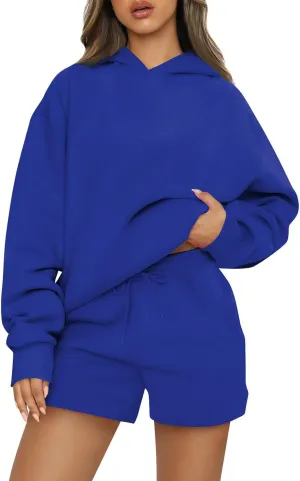Women's 2024 Fall Oversized 2 Piece Outfits Lounge Hoodie Sweatsuit Lounge Sets Casual Top and Shorts with Pockets