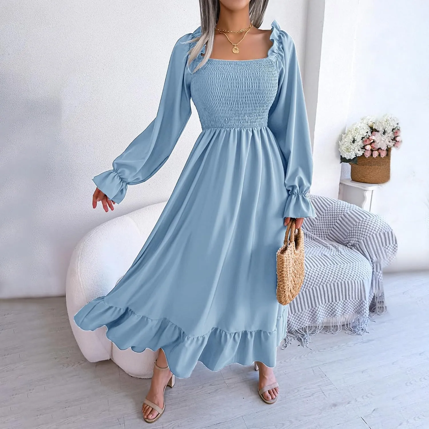 Women's 2025 Casual Long Sleeve Smocked Dress V Neck High Waist Ruffle Tiered Midi Dresses Women's