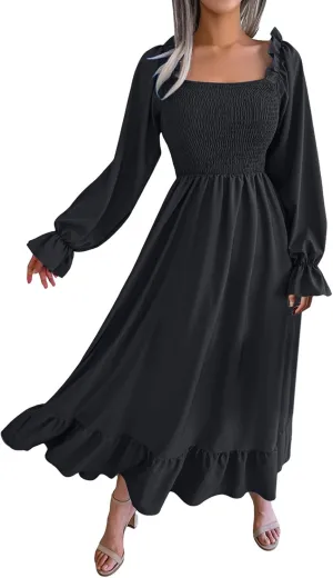 Women's 2025 Casual Long Sleeve Smocked Dress V Neck High Waist Ruffle Tiered Midi Dresses Women's