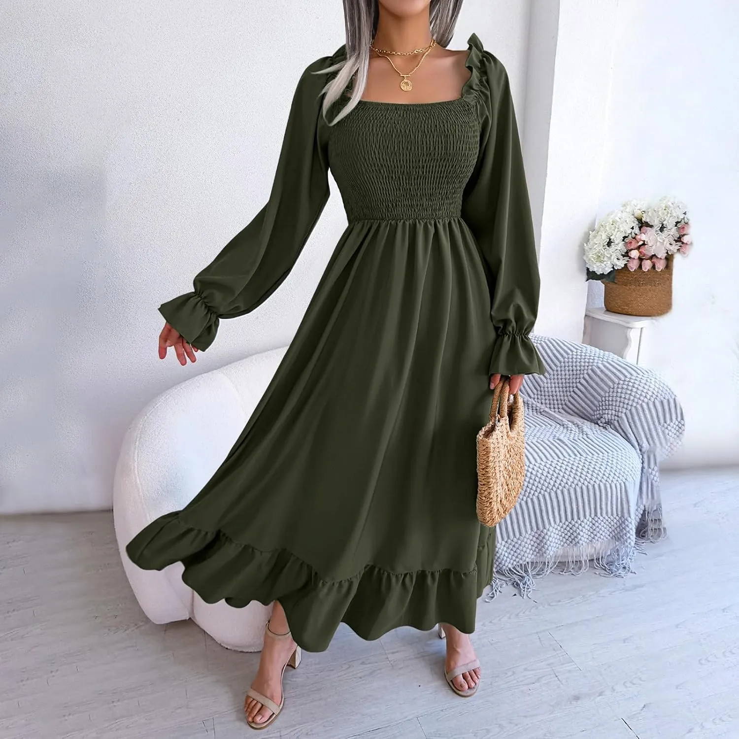 Women's 2025 Casual Long Sleeve Smocked Dress V Neck High Waist Ruffle Tiered Midi Dresses Women's