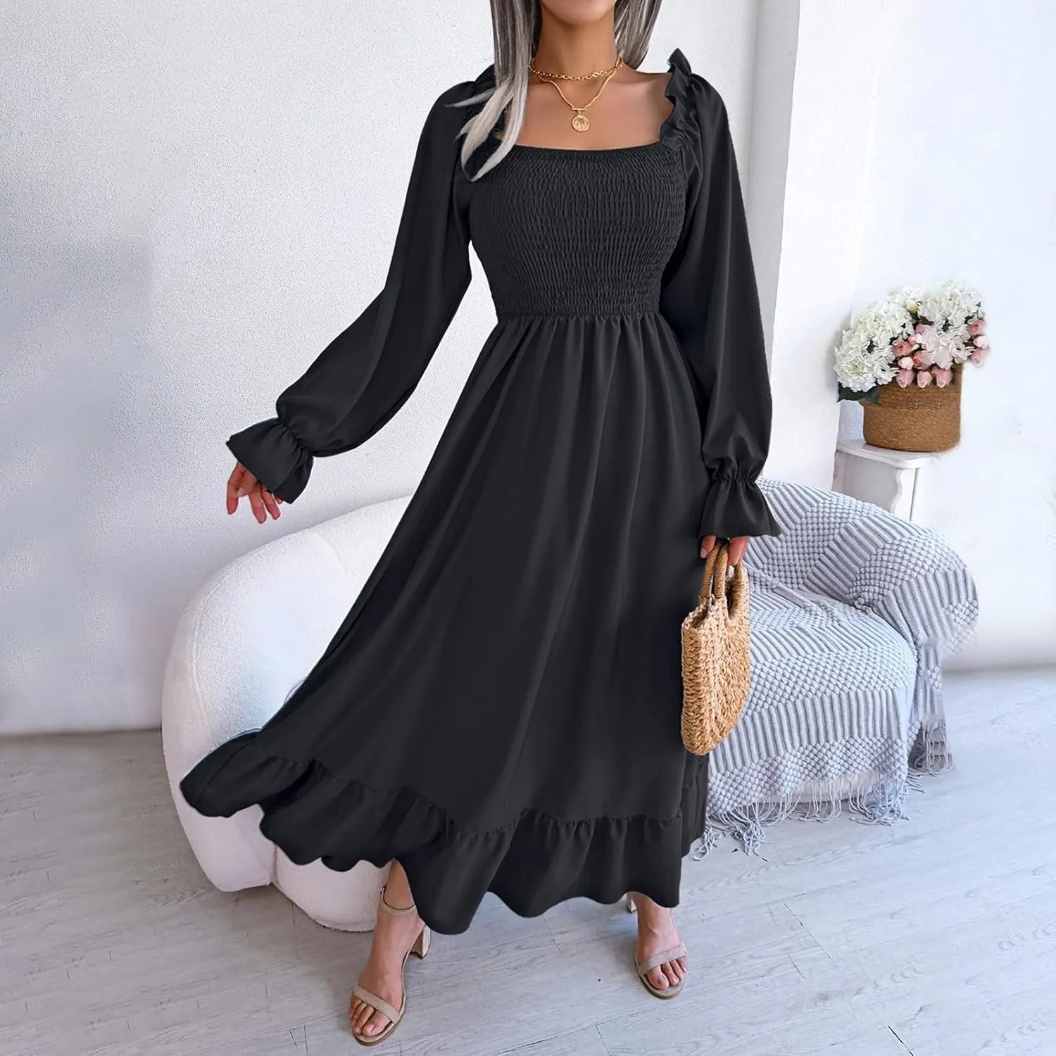 Women's 2025 Casual Long Sleeve Smocked Dress V Neck High Waist Ruffle Tiered Midi Dresses Women's
