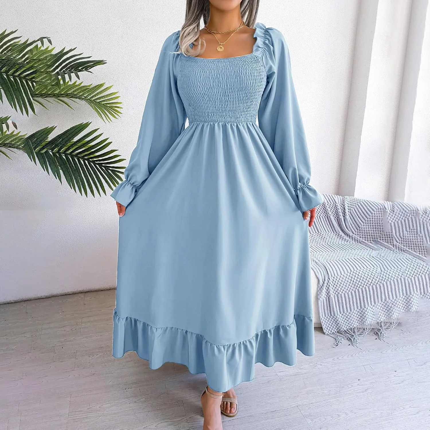 Women's 2025 Casual Long Sleeve Smocked Dress V Neck High Waist Ruffle Tiered Midi Dresses Women's