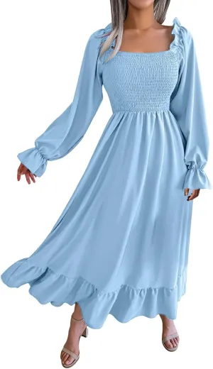 Women's 2025 Casual Long Sleeve Smocked Dress V Neck High Waist Ruffle Tiered Midi Dresses Women's