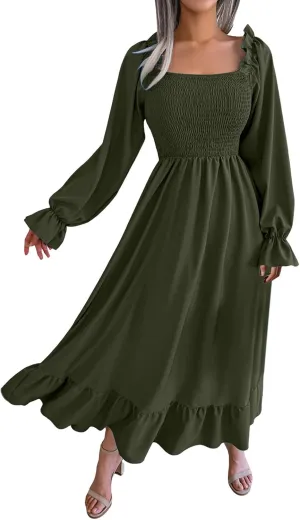 Women's 2025 Casual Long Sleeve Smocked Dress V Neck High Waist Ruffle Tiered Midi Dresses Women's