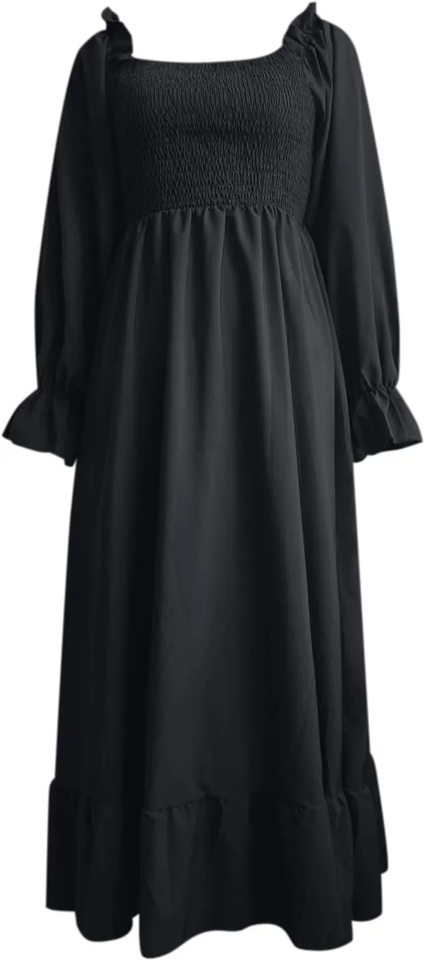Women's 2025 Casual Long Sleeve Smocked Dress V Neck High Waist Ruffle Tiered Midi Dresses Women's
