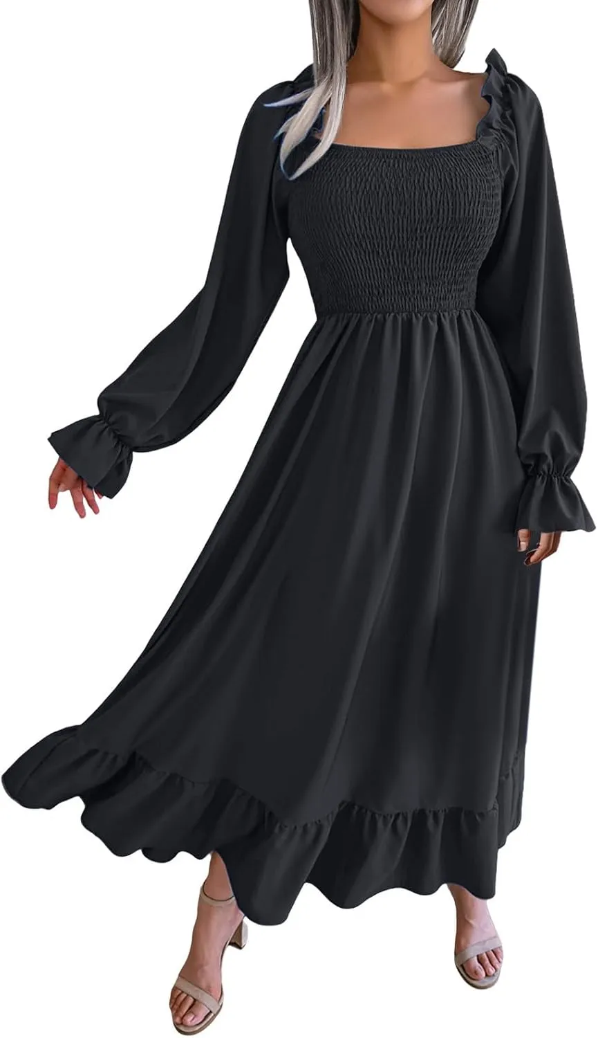 Women's 2025 Casual Long Sleeve Smocked Dress V Neck High Waist Ruffle Tiered Midi Dresses Women's
